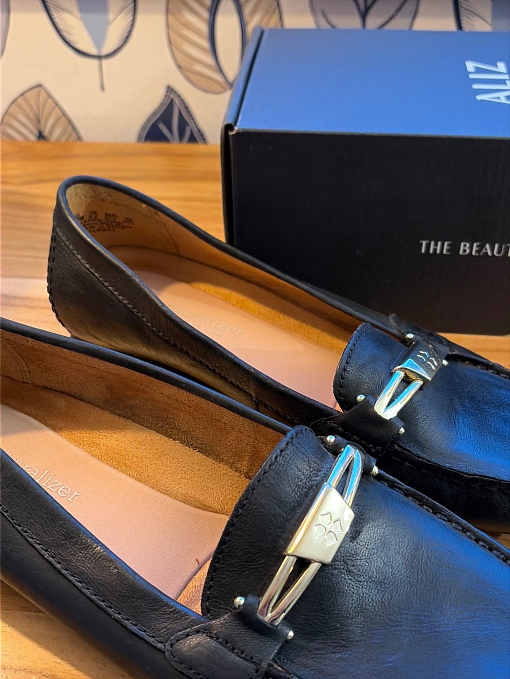 Naturalizer WIDE Women’s Black Leather Slip-On Loafers with Gold Accents